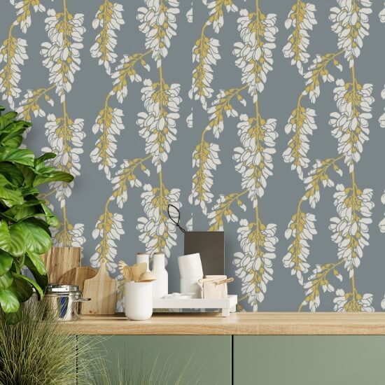 Floral de glicina Papel pintado gris y amarillo