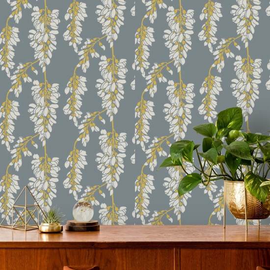 Wisteria Floral Grey and Yellow Wallpaper