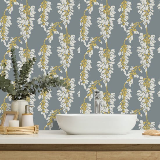 Wisteria Floral Grey and Yellow Wallpaper