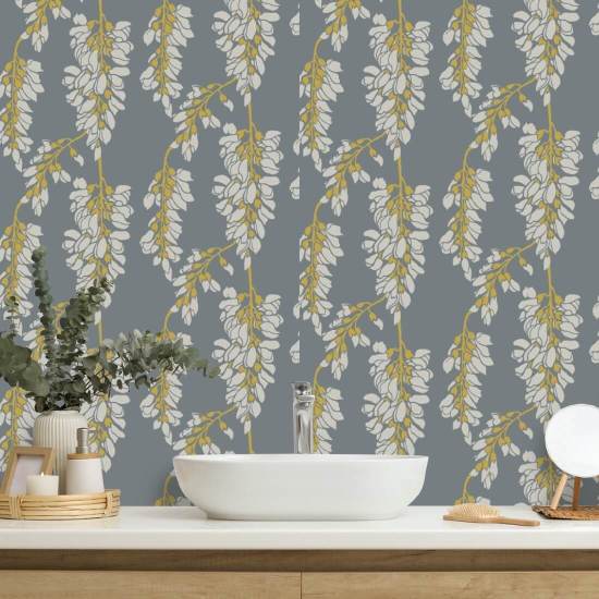 Glycine florale Papier peint gris et jaune