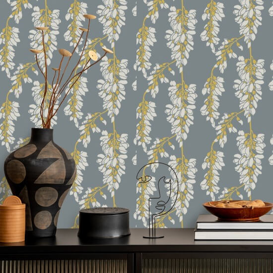 Wisteria Blomster Grå og gul tapet