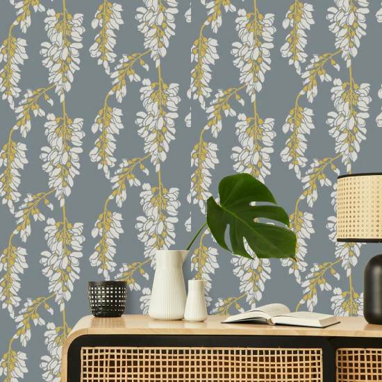 Wisteria Floral Grey and Yellow Wallpaper