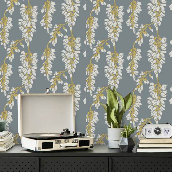 Glycine florale Papier peint gris et jaune