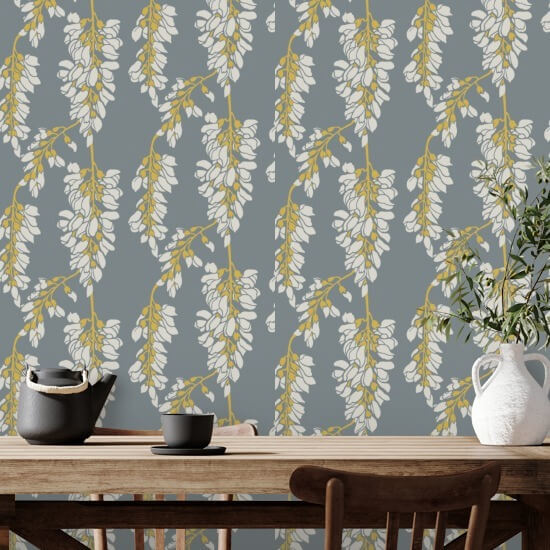 Wisteria Floral Grey and Yellow Wallpaper