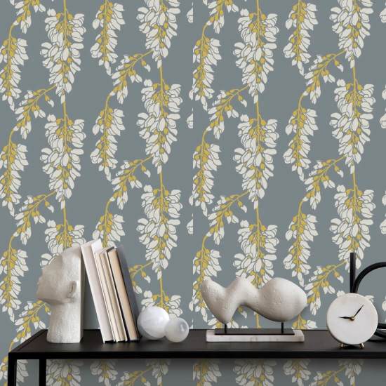 Blommigt blåregn Grå och gul tapet