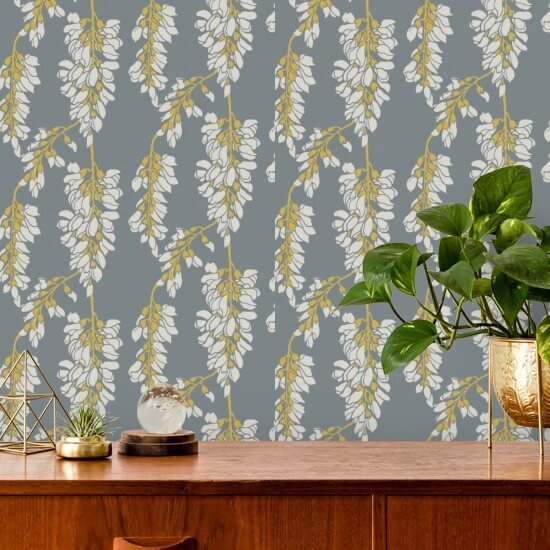 Wisteria Floral Grey and Yellow Wallpaper