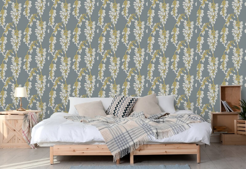 Glicine floreale Carta da parati grigia e gialla