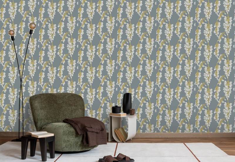 Wisteria Floral Grey and Yellow Wallpaper