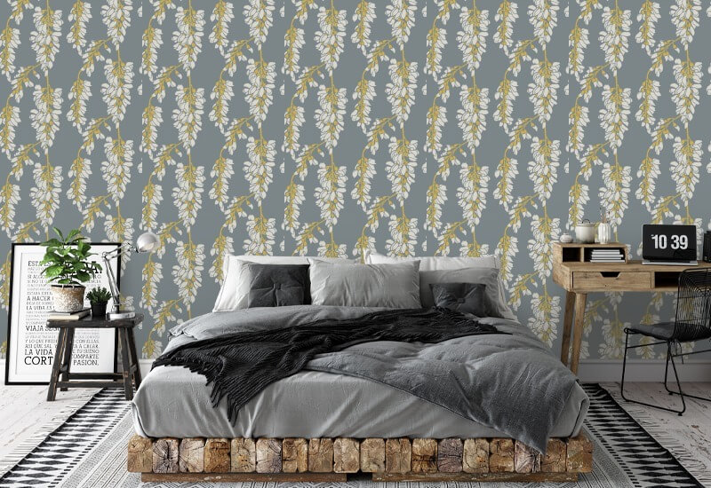 Wisteria Floral Grey and Yellow Wallpaper