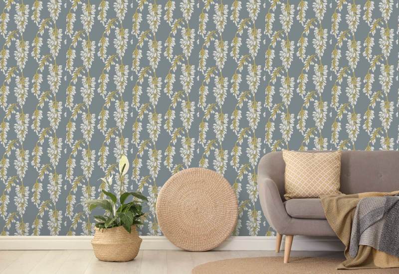 Glycine florale Papier peint gris et jaune
