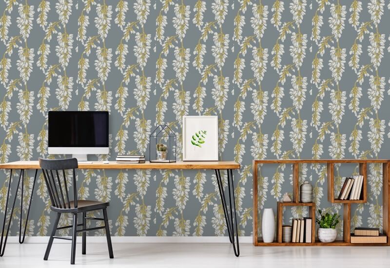 Wisteria Floral Grey and Yellow Wallpaper