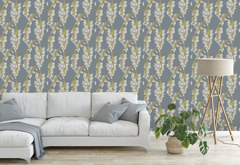 Wisteria Floral Grey and Yellow Wallpaper