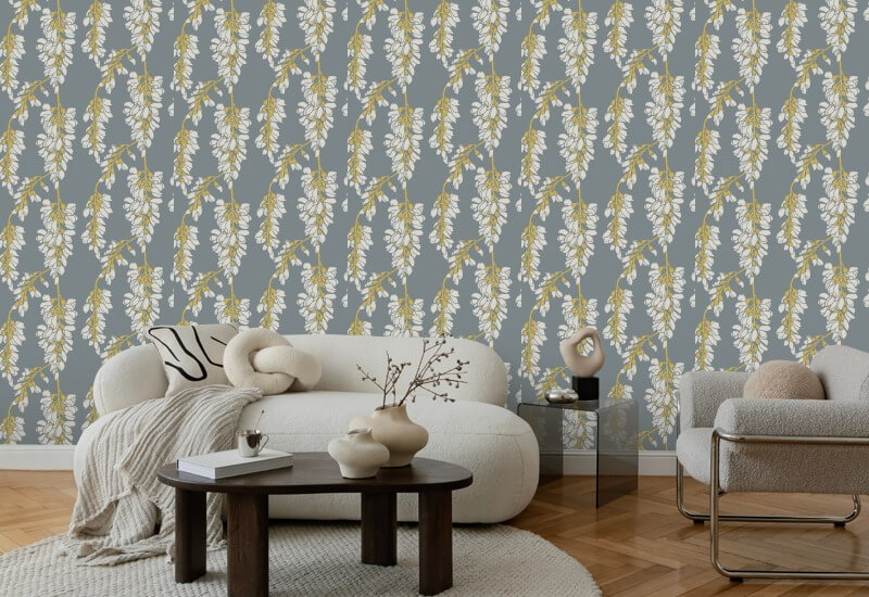 Floral de glicina Papel pintado gris y amarillo