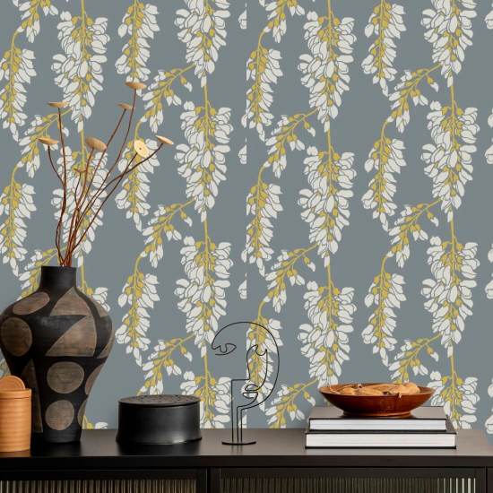 Floral de glicina Papel pintado gris y amarillo
