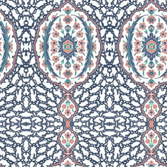 Ottoman Jewel Blues & Coral Wallpaper