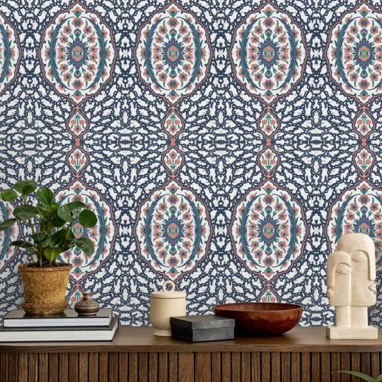 Ottoman Jewel Blues & Coral Wallpaper