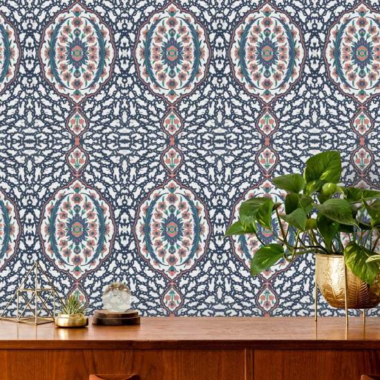 Ottoman Jewel Blues &amp; Coral Wallpaper