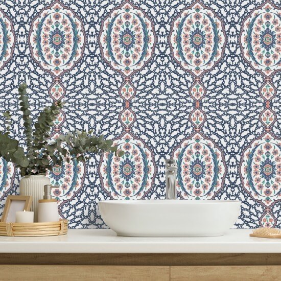 Ottoman Jewel Blues &amp; Coral Wallpaper