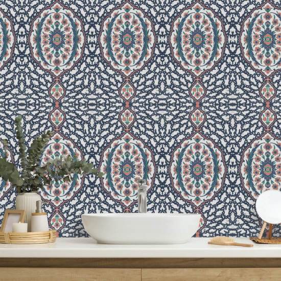 Ottoman Jewel Blues & Coral Wallpaper
