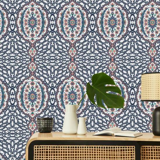 Ottoman Jewel Blues & Coral Wallpaper