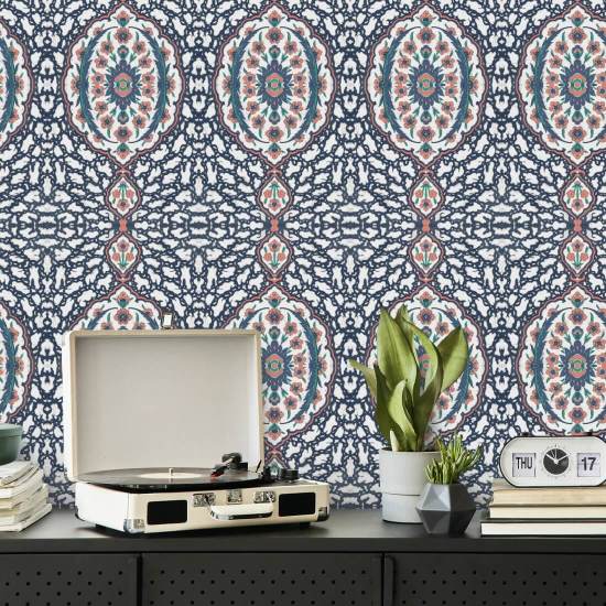 Ottoman Jewel Blues &amp; Coral Wallpaper