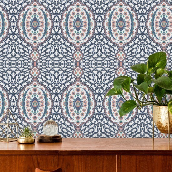 Ottoman Jewel Blues & Coral Wallpaper