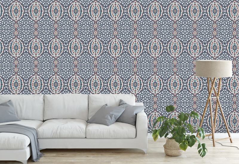 Ottoman Jewel Blues &amp; Coral Wallpaper