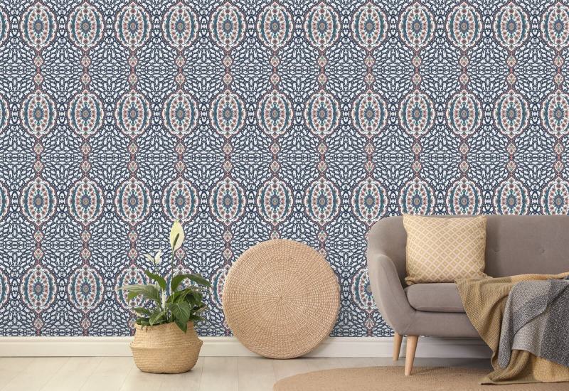 Ottoman Jewel Blues &amp; Coral Wallpaper