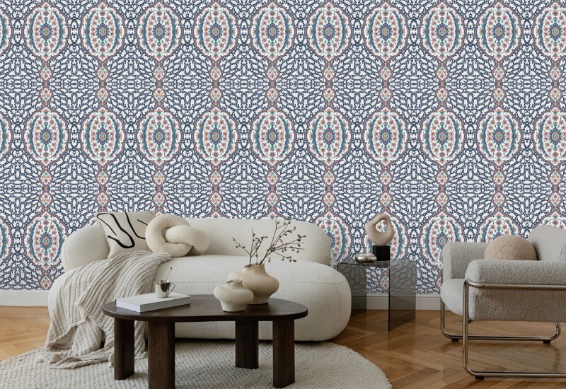 Ottoman Jewel Blues &amp; Coral Wallpaper