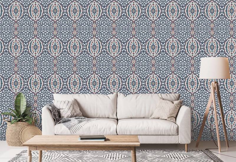 Ottoman Jewel Blues &amp; Coral Wallpaper