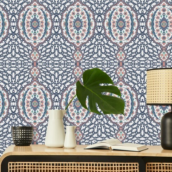 Ottoman Jewel Blues & Coral Wallpaper