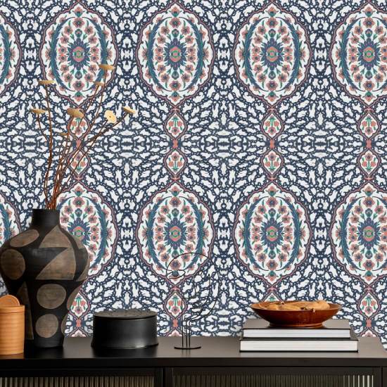 Ottoman Jewel Blues &amp; Coral Wallpaper