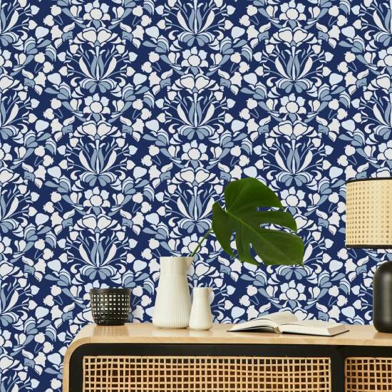 Lejongap Marinblå blommig tapet