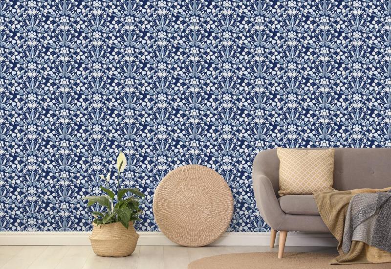 leeuwenbek Marineblauw bloemenbehang