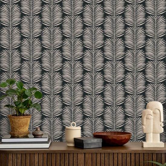 Feuilles de palmier Betty White Papier peint floral Black Blush