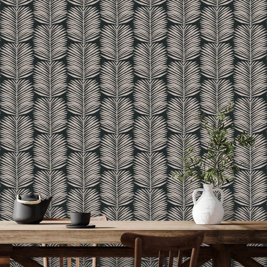 Feuilles de palmier Betty White Papier peint floral Black Blush