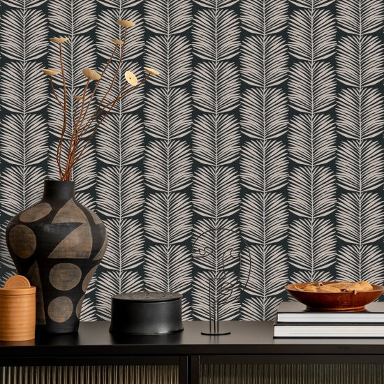 Feuilles de palmier Betty White Papier peint floral Black Blush