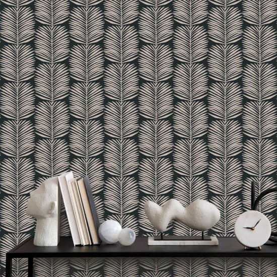 Betty White Palm Leaves Black Blush Floral Wallpaper