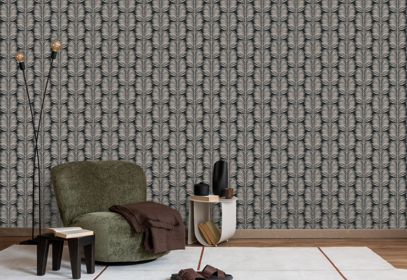 Foglie di palma Betty White Carta da parati floreale Black Blush