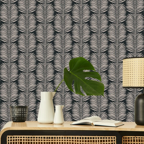 Betty White Palm Leaves Black Blush Floral Wallpaper