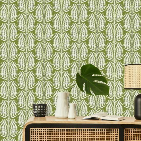 Betty White Palm Leaves Island Green Floral Wallpaper