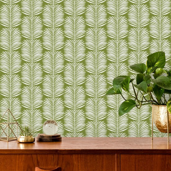 Feuilles de palmier Betty White Papier peint floral Island Green