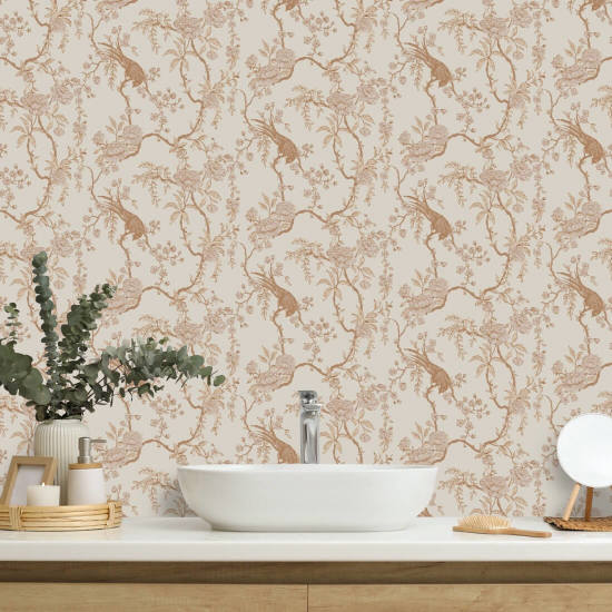 Floral Bird Toile Creme Baggrund