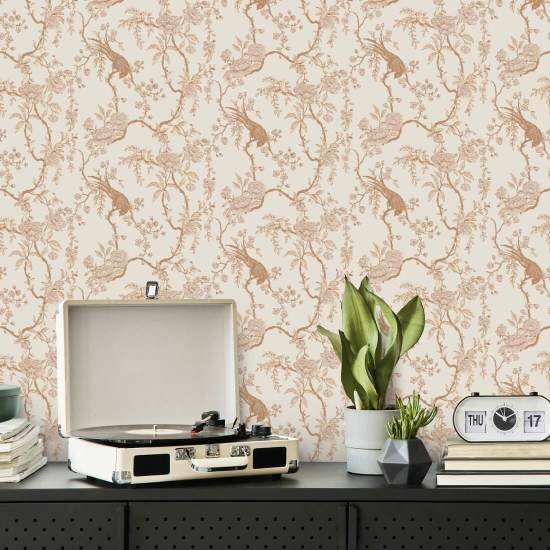 Floral Bird Toile Krem Bakgrunn