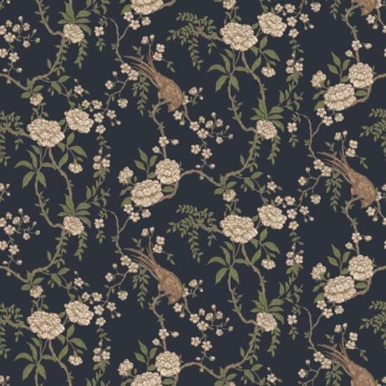 Floral Bird Toile Black Wallpaper