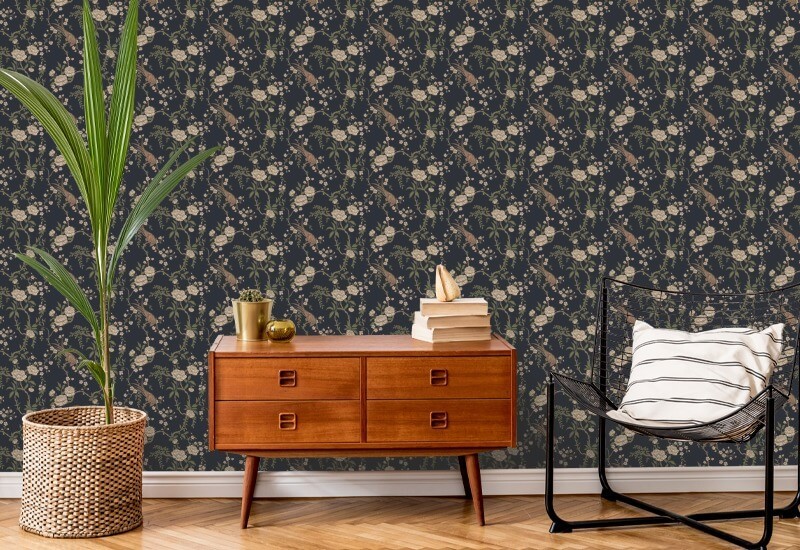 Floral Bird Toile Svart Bakgrunn