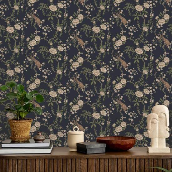 Floral Bird Toile Svart Bakgrund