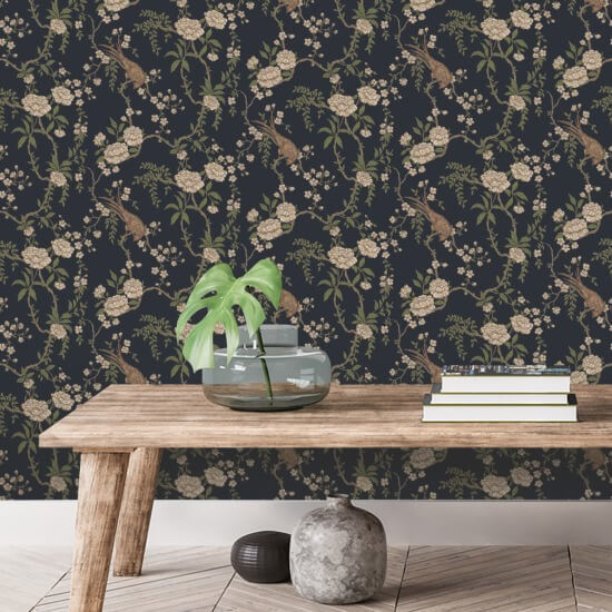 Telo floreale per uccelli Carta da parati nera