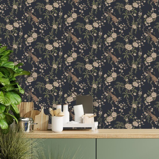 Floral Bird Toile Musta taustakuva