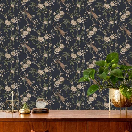 Floral Bird Toile Svart Bakgrund